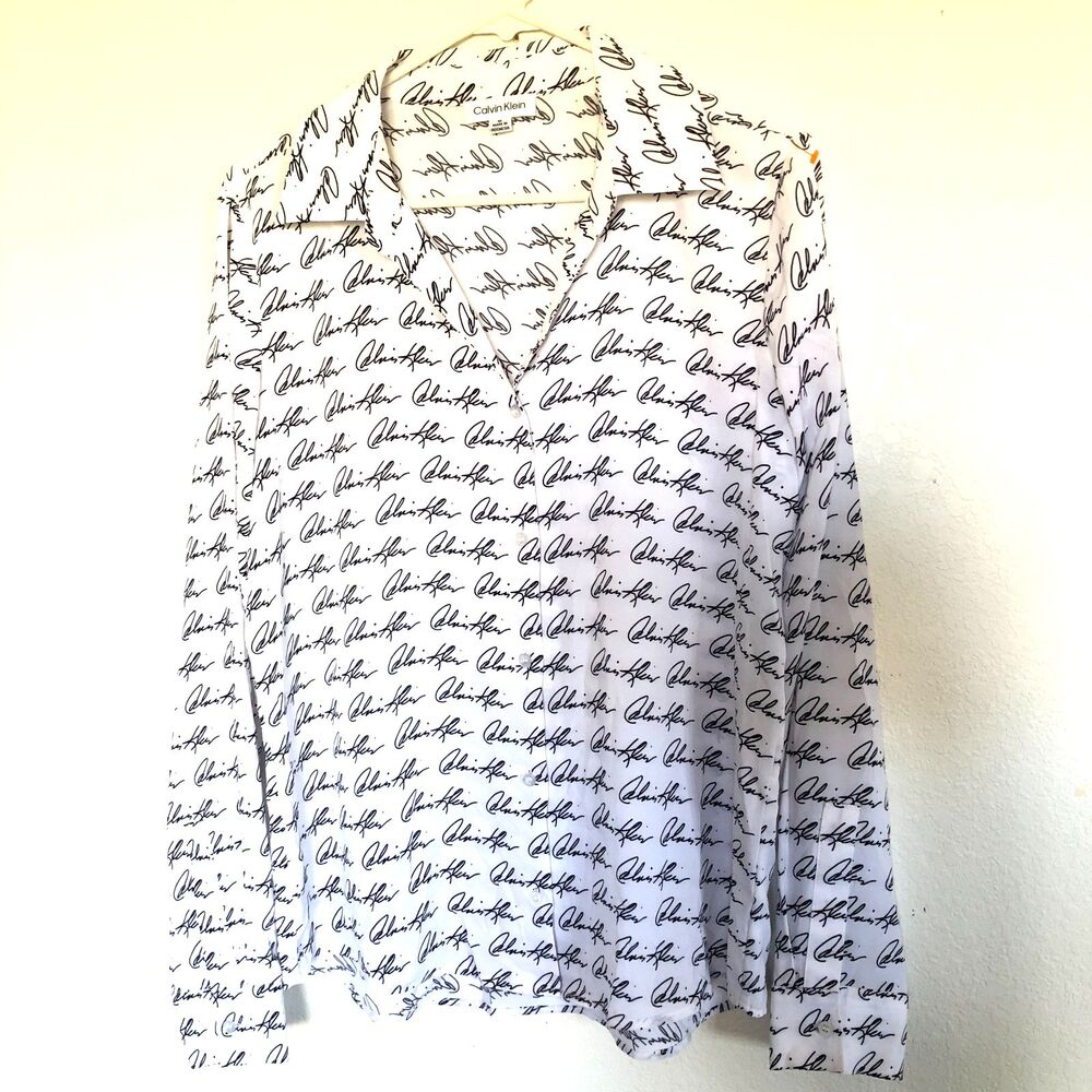 Calvin Klein Woman's White Black Script Logo Button Down Blouse Size M